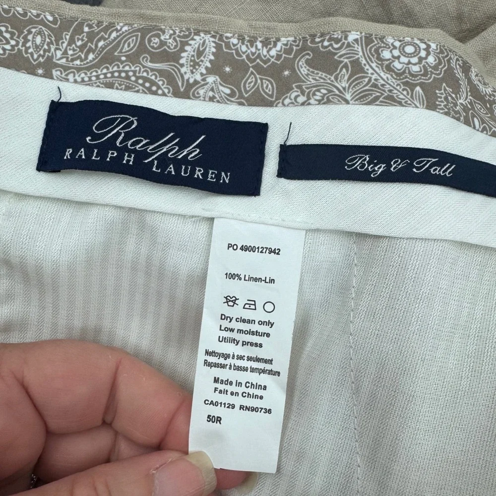Ralph Lauren Dress Pants Mens 50 Tan 100% Linen Big & Tall Flat Front New